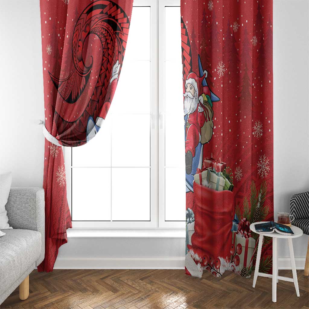Funny Santa Riding Shark Window Curtain Polynesian Tribal Christmas Spirit - Polynesian Pride
