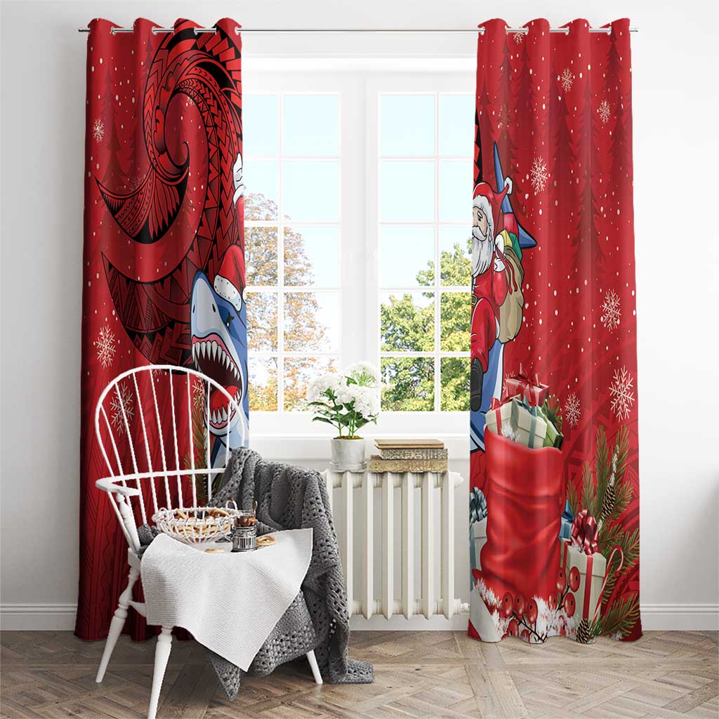 Funny Santa Riding Shark Window Curtain Polynesian Tribal Christmas Spirit - Polynesian Pride