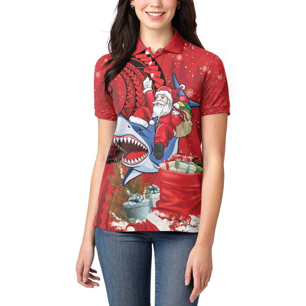 Funny Santa Riding Shark Women Polo Shirt Polynesian Tribal Christmas Spirit - Polynesian Pride