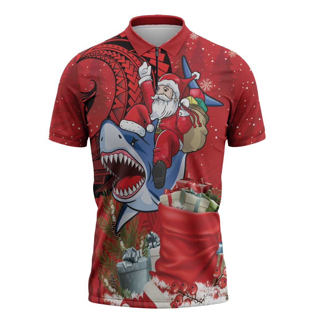 Funny Santa Riding Shark Zipper Polo Shirt Polynesian Tribal Christmas Spirit - Polynesian Pride
