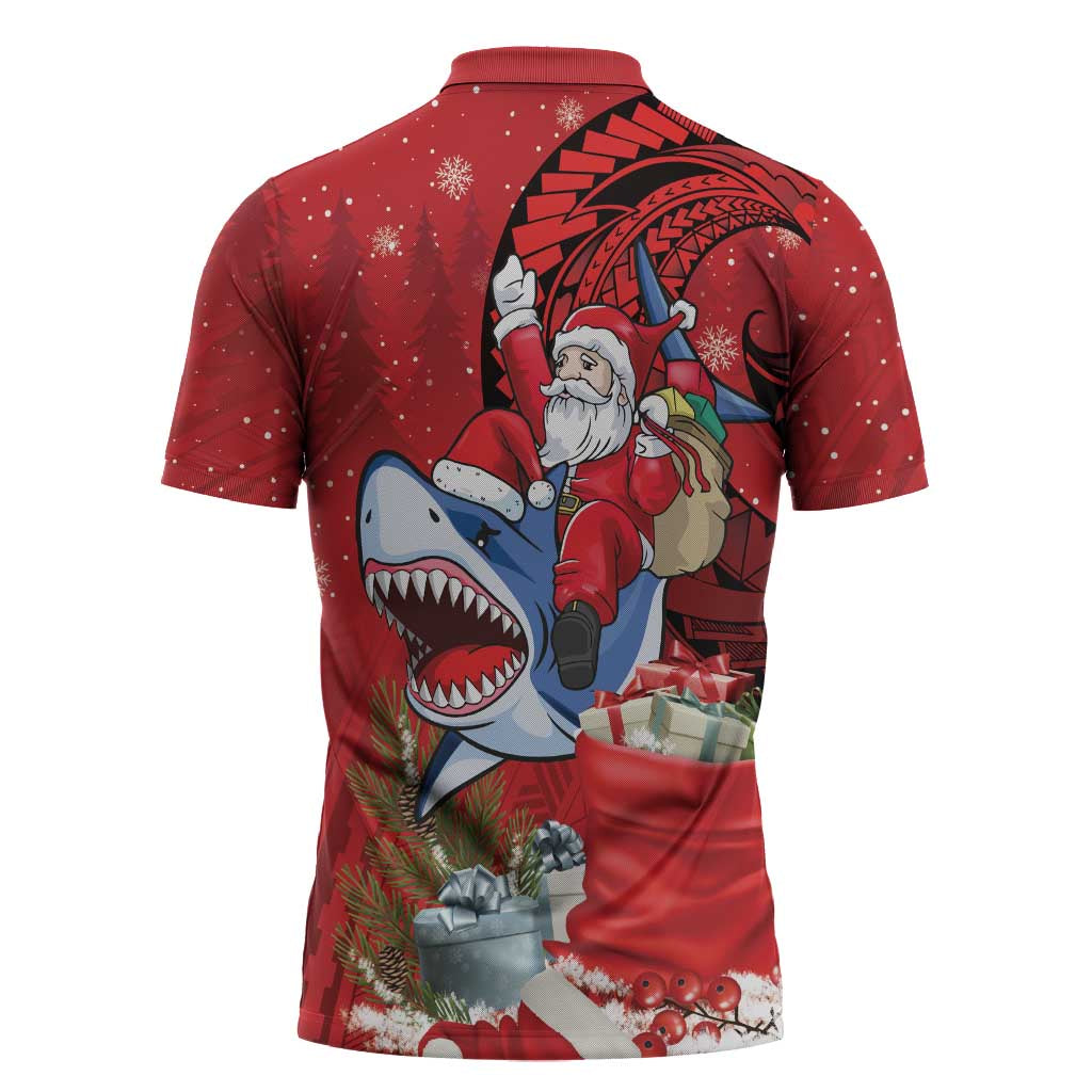 Funny Santa Riding Shark Zipper Polo Shirt Polynesian Tribal Christmas Spirit - Polynesian Pride