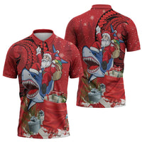 Funny Santa Riding Shark Zipper Polo Shirt Polynesian Tribal Christmas Spirit - Polynesian Pride