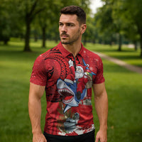 Funny Santa Riding Shark Zipper Polo Shirt Polynesian Tribal Christmas Spirit - Polynesian Pride