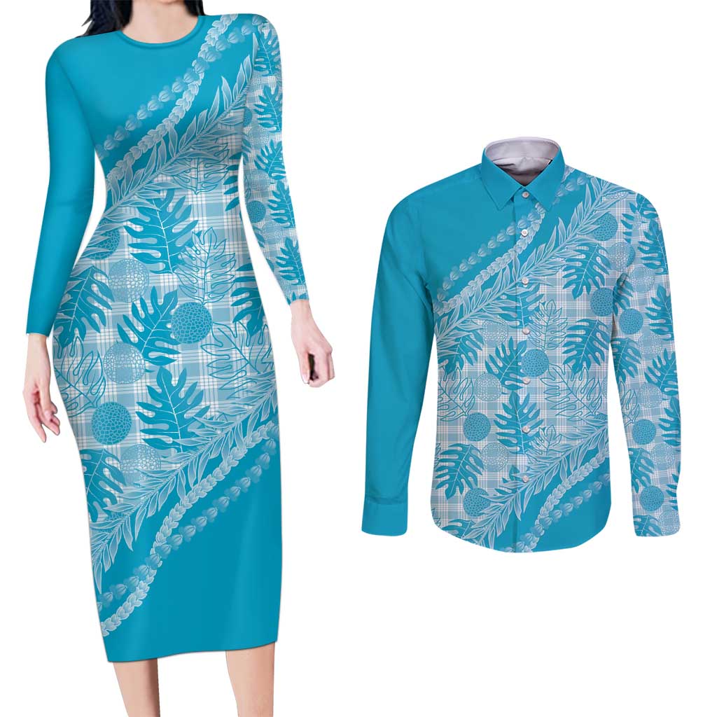 Hawaii Breadfruit Palaka Couples Matching Long Sleeve Bodycon Dress and Long Sleeve Button Shirt Polu Maile Lei LT9 Blue - Polynesian Pride