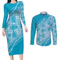 Hawaii Breadfruit Palaka Couples Matching Long Sleeve Bodycon Dress and Long Sleeve Button Shirt Polu Maile Lei LT9 Blue - Polynesian Pride
