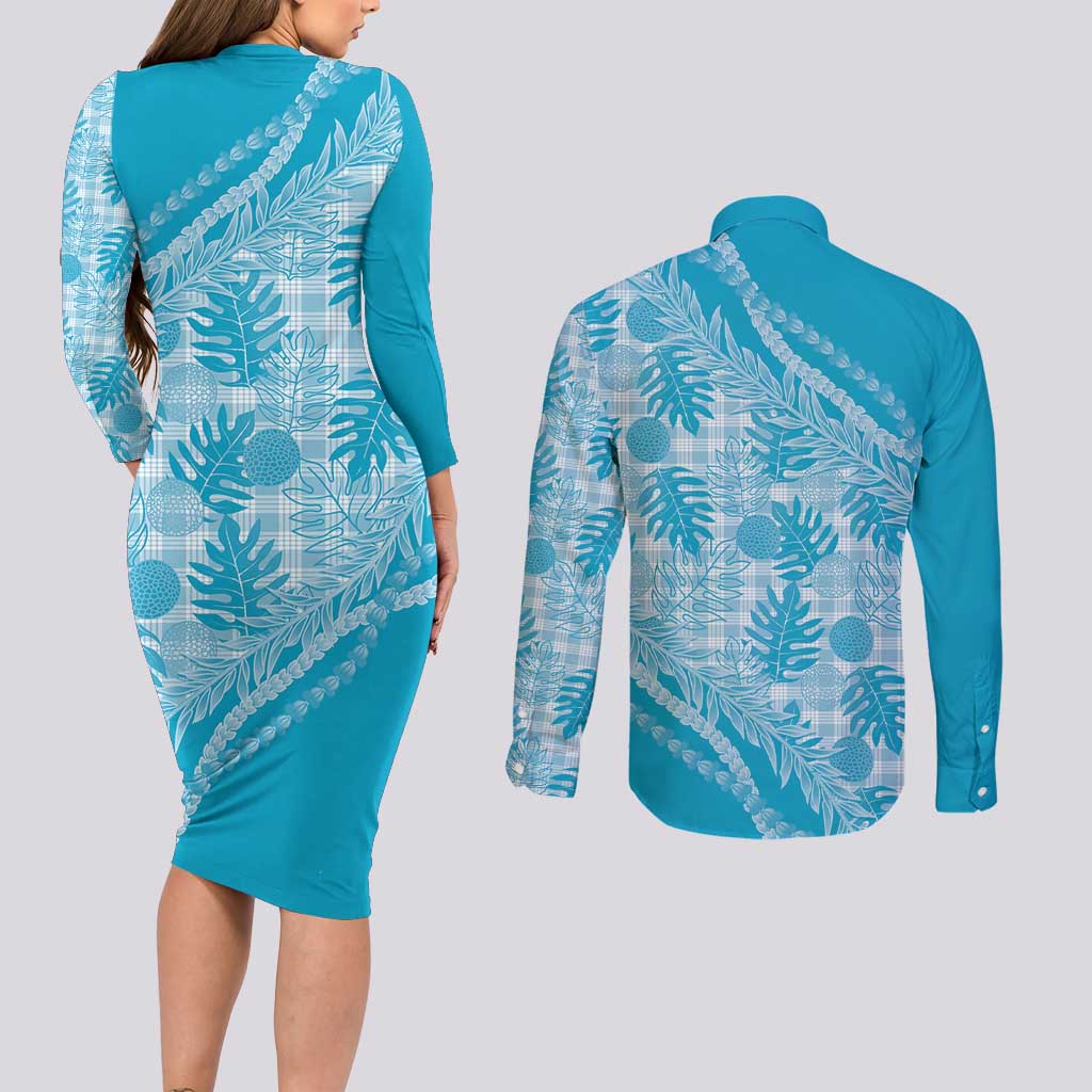 Hawaii Breadfruit Palaka Couples Matching Long Sleeve Bodycon Dress and Long Sleeve Button Shirt Polu Maile Lei LT9 - Polynesian Pride