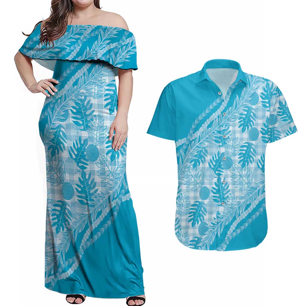 Hawaii Breadfruit Palaka Couples Matching Off Shoulder Maxi Dress and Hawaiian Shirt Polu Maile Lei - Polynesian Pride