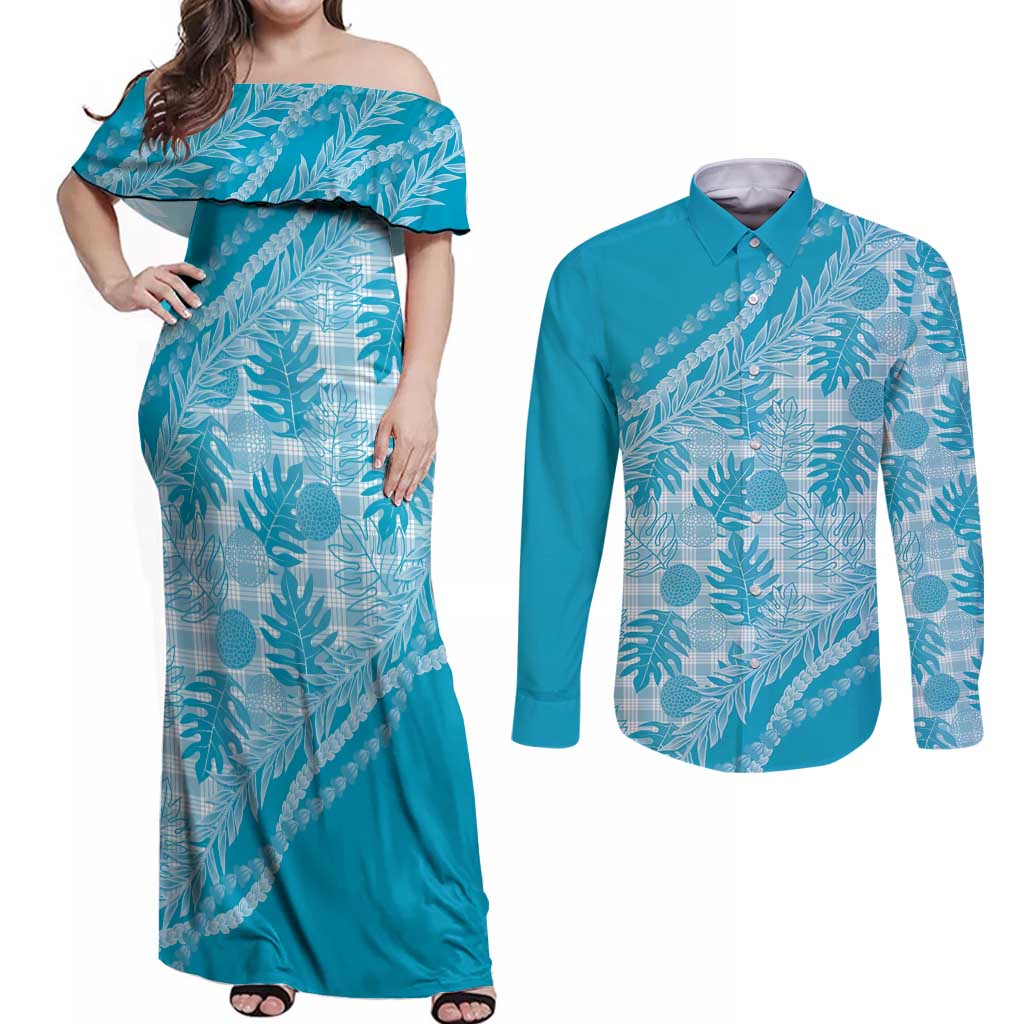 Hawaii Breadfruit Palaka Couples Matching Off Shoulder Maxi Dress and Long Sleeve Button Shirt Polu Maile Lei - Polynesian Pride
