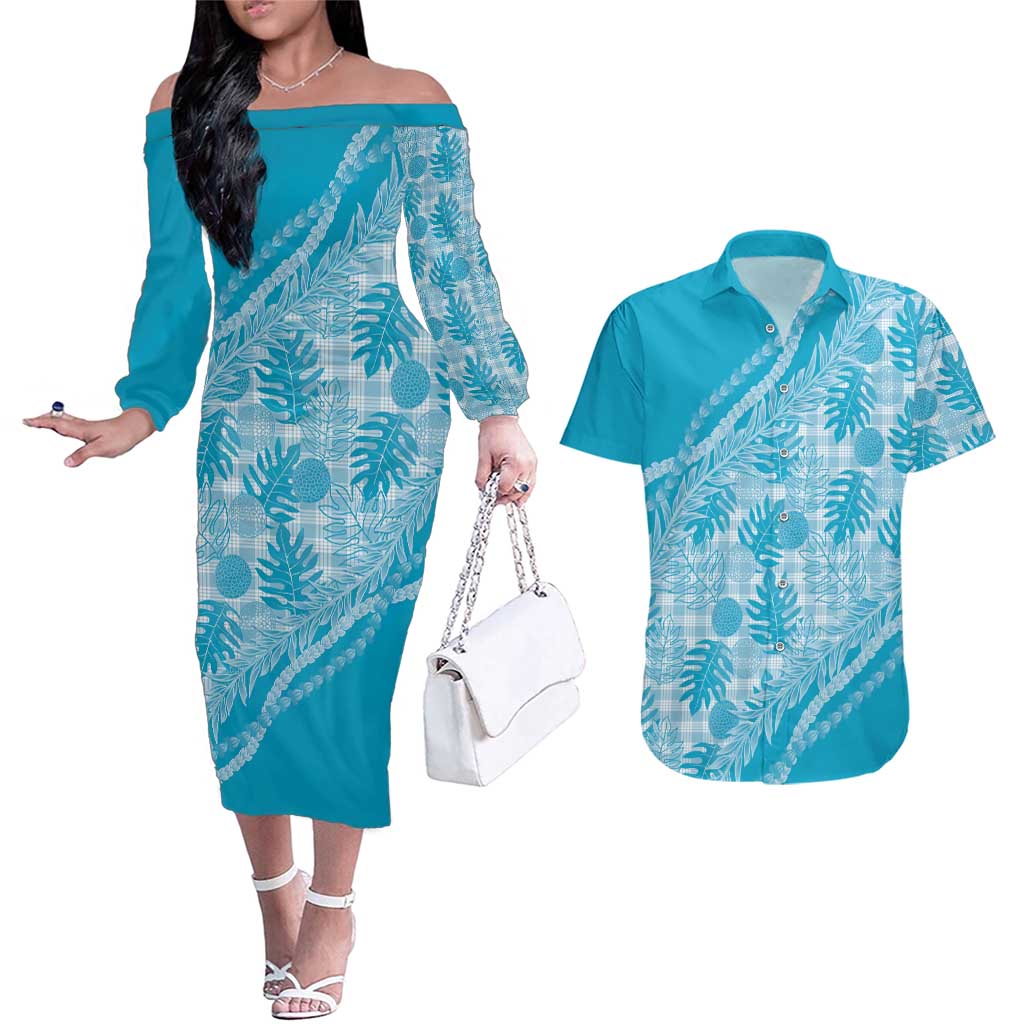 Hawaii Breadfruit Palaka Couples Matching Off The Shoulder Long Sleeve Dress and Hawaiian Shirt Polu Maile Lei - Polynesian Pride