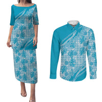 Hawaii Breadfruit Palaka Couples Matching Puletasi and Long Sleeve Button Shirt Polu Maile Lei LT9 Blue - Polynesian Pride