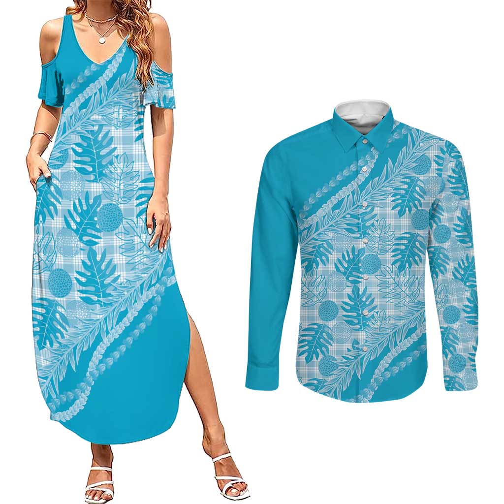 Hawaii Breadfruit Palaka Couples Matching Summer Maxi Dress and Long Sleeve Button Shirt Polu Maile Lei - Polynesian Pride