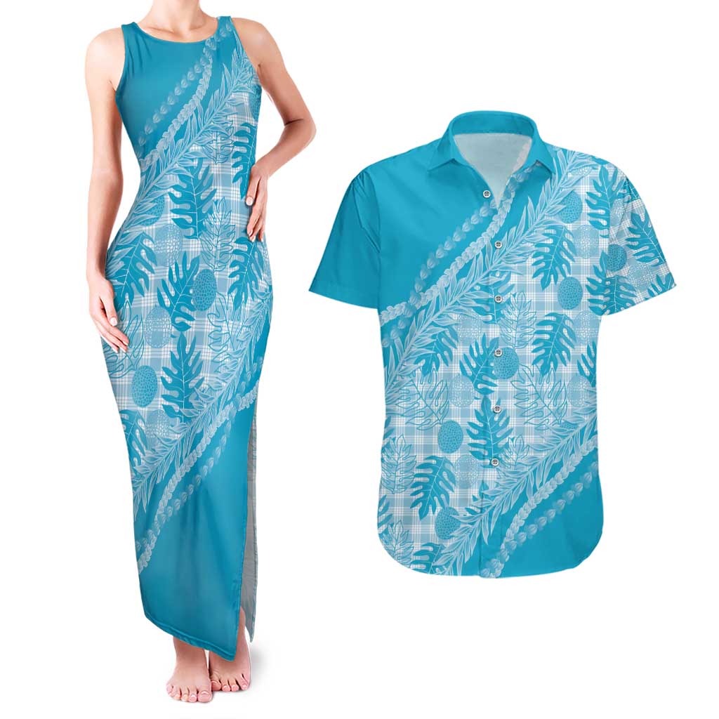Hawaii Breadfruit Palaka Couples Matching Tank Maxi Dress and Hawaiian Shirt Polu Maile Lei - Polynesian Pride