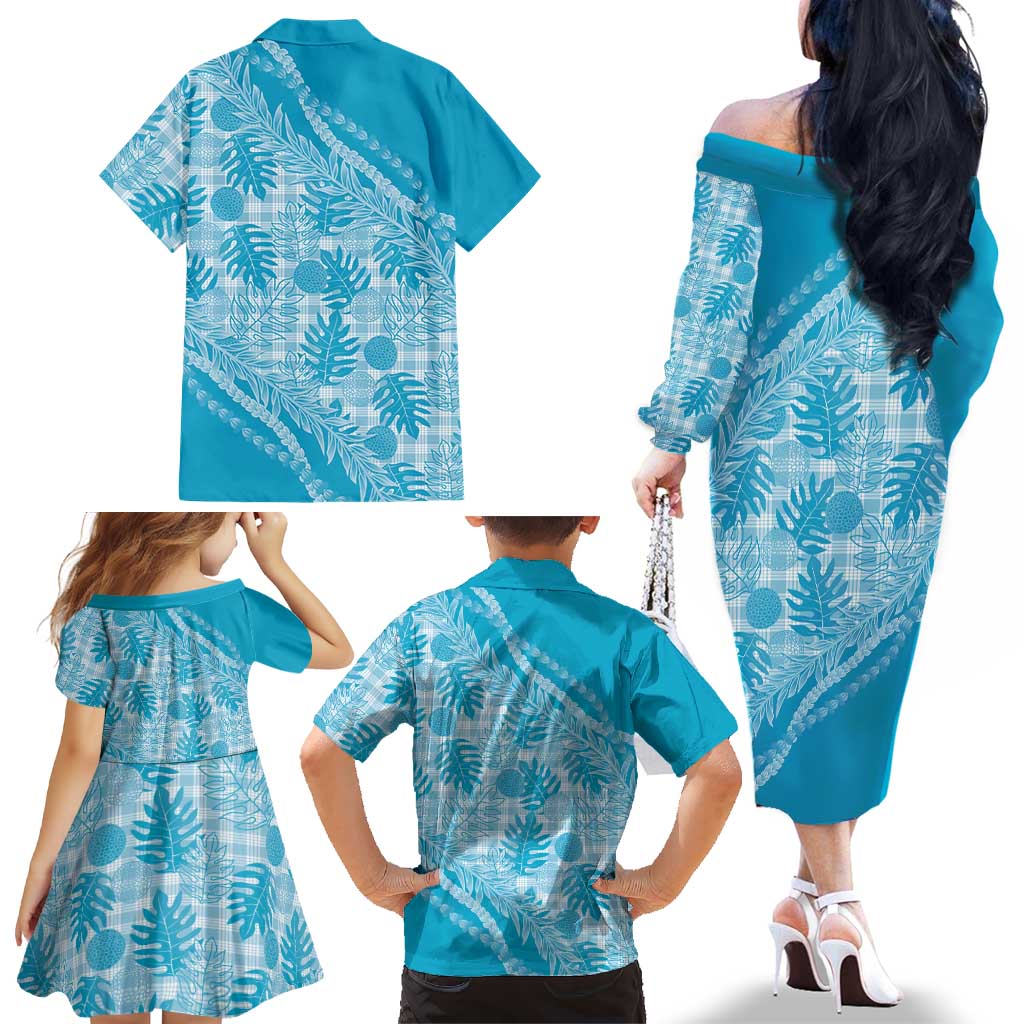 Hawaii Breadfruit Palaka Family Matching Off The Shoulder Long Sleeve Dress and Hawaiian Shirt Polu Maile Lei - Polynesian Pride