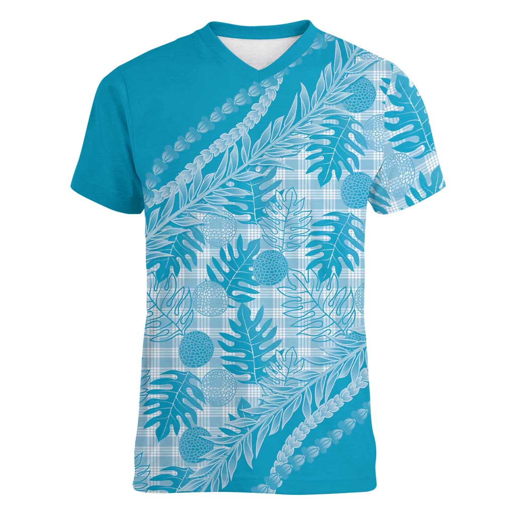 Hawaii Breadfruit Palaka Women V-Neck T-Shirt Polu Maile Lei LT9 Female Blue - Polynesian Pride