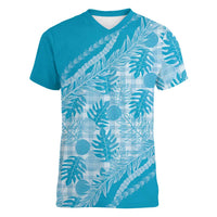 Hawaii Breadfruit Palaka Women V-Neck T-Shirt Polu Maile Lei LT9 Female Blue - Polynesian Pride