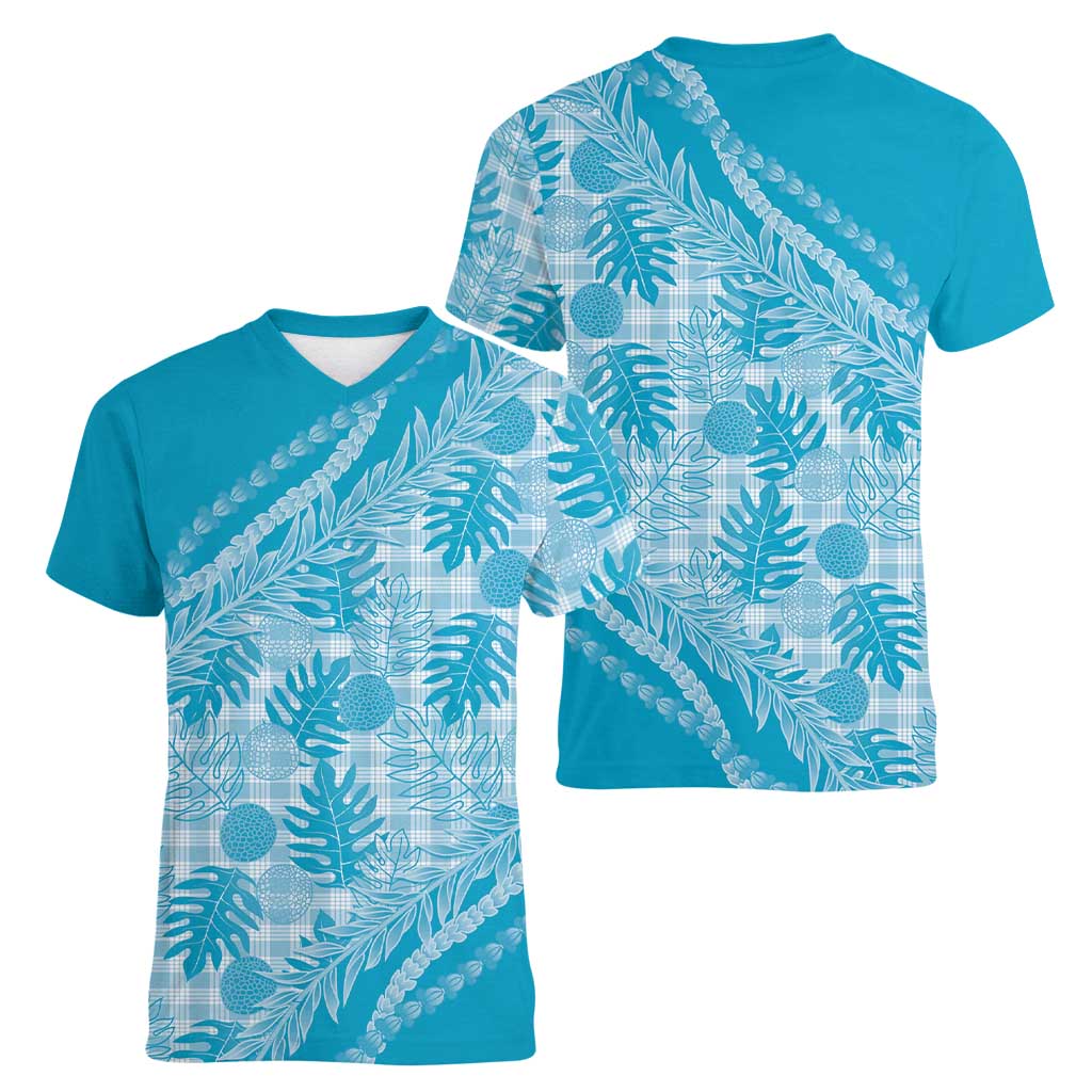 Hawaii Breadfruit Palaka Women V-Neck T-Shirt Polu Maile Lei LT9 - Polynesian Pride