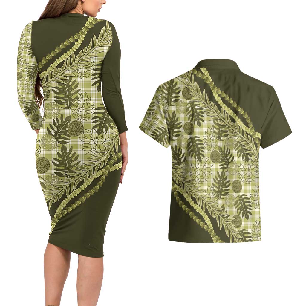 Hawaii Breadfruit Palaka Couples Matching Long Sleeve Bodycon Dress and Hawaiian Shirt Omaomao Maile Lei - Polynesian Pride