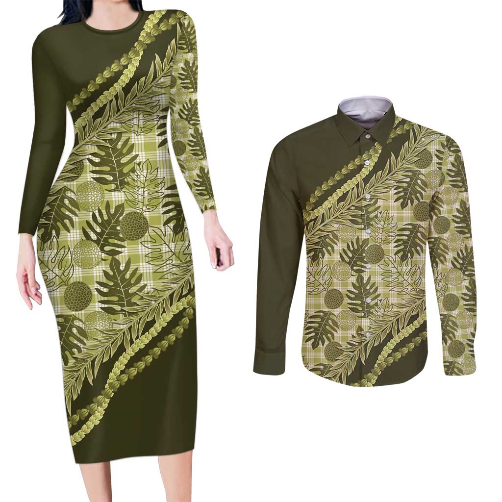 Hawaii Breadfruit Palaka Couples Matching Long Sleeve Bodycon Dress and Long Sleeve Button Shirt Omaomao Maile Lei LT9 Green - Polynesian Pride