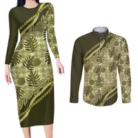 Hawaii Breadfruit Palaka Couples Matching Long Sleeve Bodycon Dress and Long Sleeve Button Shirt Omaomao Maile Lei LT9 Green - Polynesian Pride