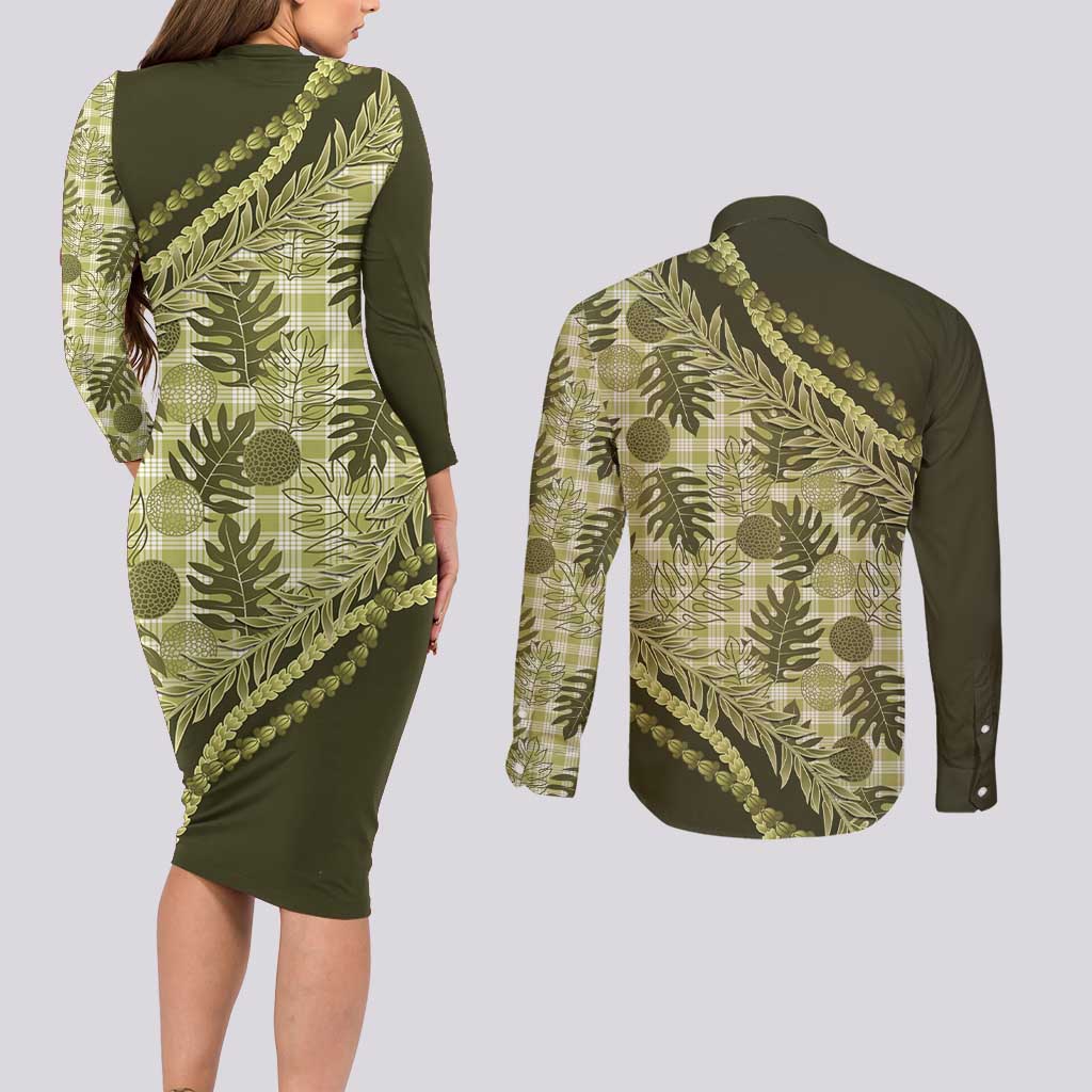 Hawaii Breadfruit Palaka Couples Matching Long Sleeve Bodycon Dress and Long Sleeve Button Shirt Omaomao Maile Lei LT9 - Polynesian Pride