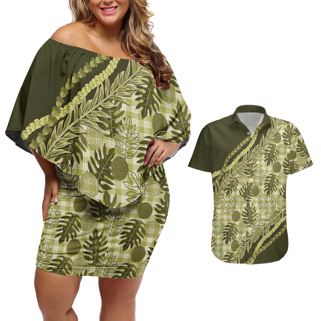 Hawaii Breadfruit Palaka Couples Matching Off Shoulder Short Dress and Hawaiian Shirt Omaomao Maile Lei LT9 Green - Polynesian Pride