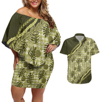 Hawaii Breadfruit Palaka Couples Matching Off Shoulder Short Dress and Hawaiian Shirt Omaomao Maile Lei LT9 Green - Polynesian Pride
