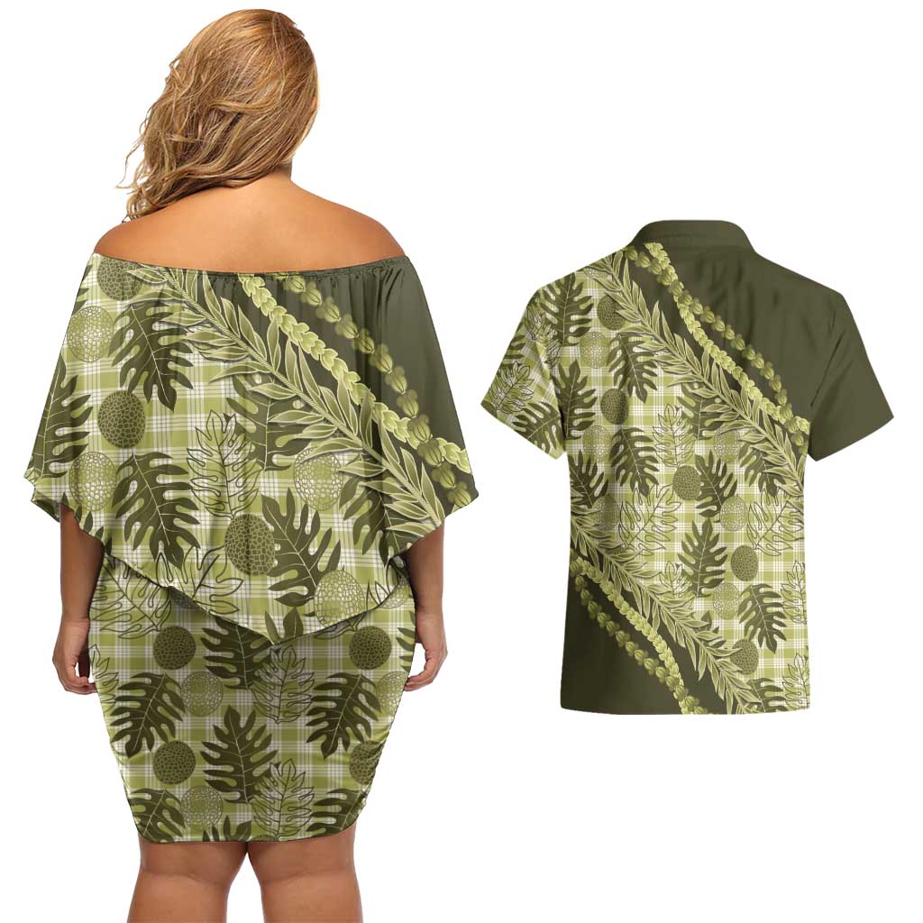 Hawaii Breadfruit Palaka Couples Matching Off Shoulder Short Dress and Hawaiian Shirt Omaomao Maile Lei LT9 - Polynesian Pride