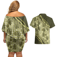 Hawaii Breadfruit Palaka Couples Matching Off Shoulder Short Dress and Hawaiian Shirt Omaomao Maile Lei LT9 - Polynesian Pride
