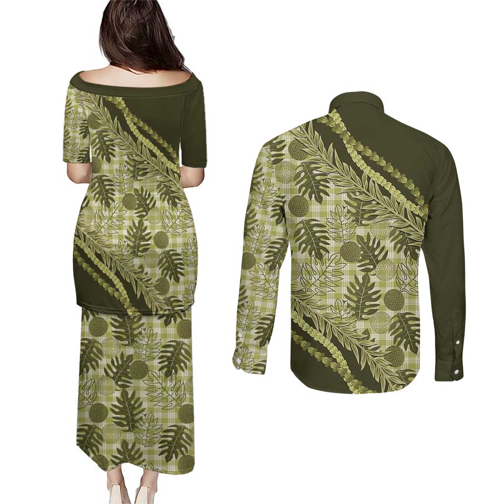 Hawaii Breadfruit Palaka Couples Matching Puletasi and Long Sleeve Button Shirt Omaomao Maile Lei - Polynesian Pride