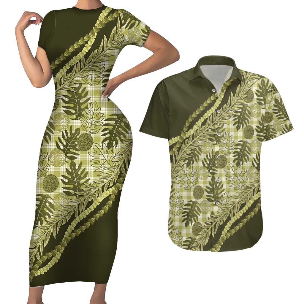Hawaii Breadfruit Palaka Couples Matching Short Sleeve Bodycon Dress and Hawaiian Shirt Omaomao Maile Lei - Polynesian Pride