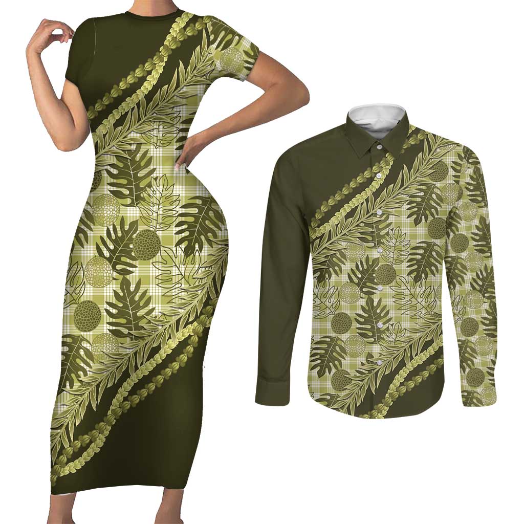 Hawaii Breadfruit Palaka Couples Matching Short Sleeve Bodycon Dress and Long Sleeve Button Shirt Omaomao Maile Lei LT9 Green - Polynesian Pride