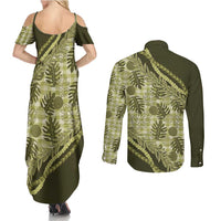 Hawaii Breadfruit Palaka Couples Matching Summer Maxi Dress and Long Sleeve Button Shirt Omaomao Maile Lei - Polynesian Pride