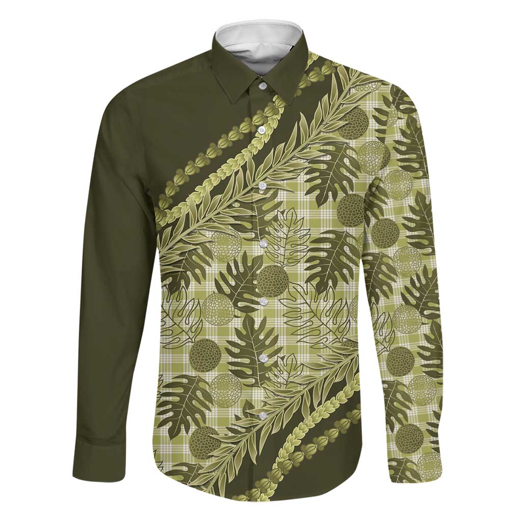 Hawaii Breadfruit Palaka Family Matching Off The Shoulder Long Sleeve Dress and Hawaiian Shirt Omaomao Maile Lei - Polynesian Pride