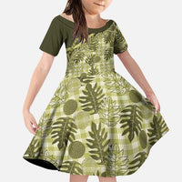 Hawaii Breadfruit Palaka Family Matching Off Shoulder Short Dress and Hawaiian Shirt Omaomao Maile Lei - Polynesian Pride