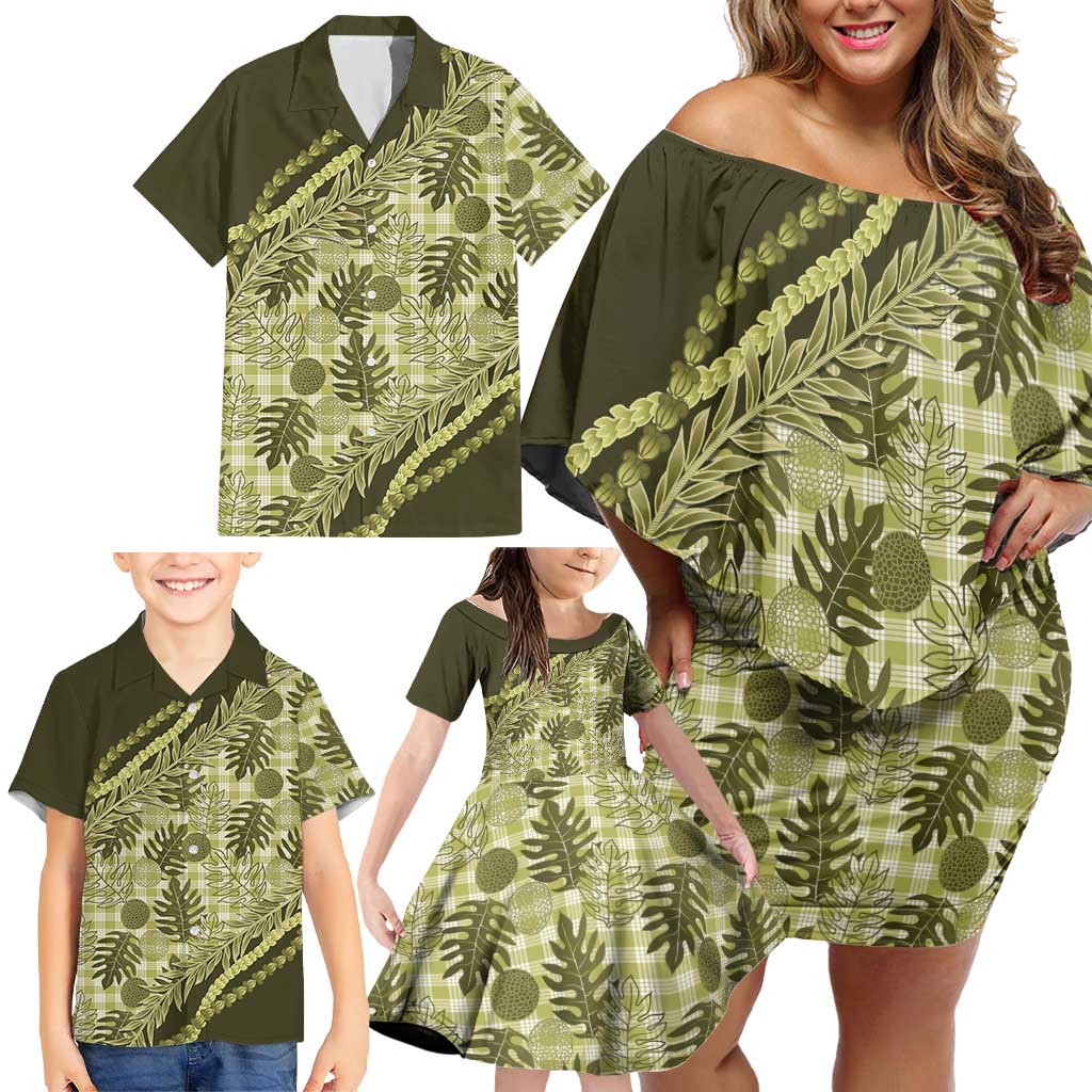 Hawaii Breadfruit Palaka Family Matching Off Shoulder Short Dress and Hawaiian Shirt Omaomao Maile Lei - Polynesian Pride