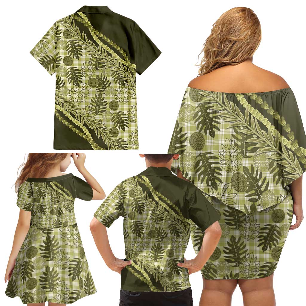 Hawaii Breadfruit Palaka Family Matching Off Shoulder Short Dress and Hawaiian Shirt Omaomao Maile Lei - Polynesian Pride