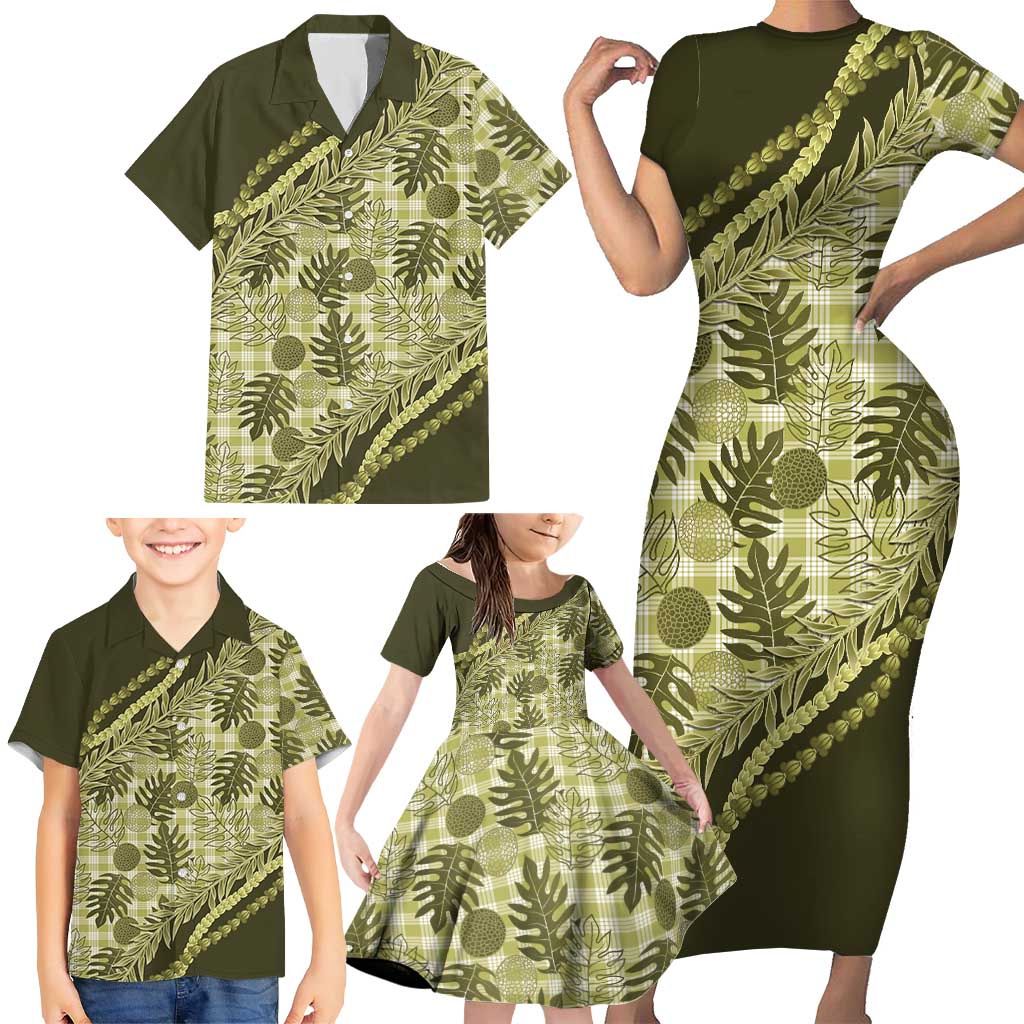 Hawaii Breadfruit Palaka Family Matching Short Sleeve Bodycon Dress and Hawaiian Shirt Omaomao Maile Lei - Polynesian Pride