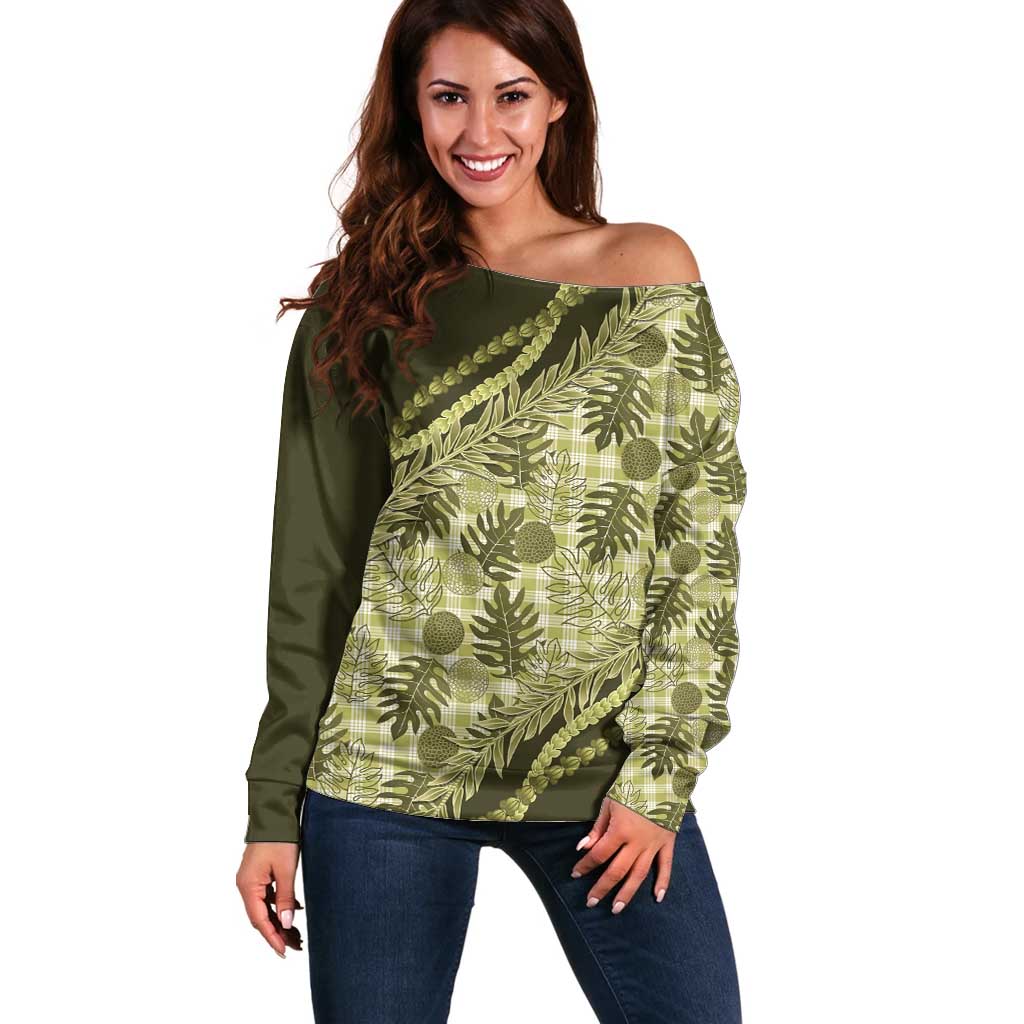 Hawaii Breadfruit Palaka Off Shoulder Sweater Omaomao Maile Lei - Polynesian Pride