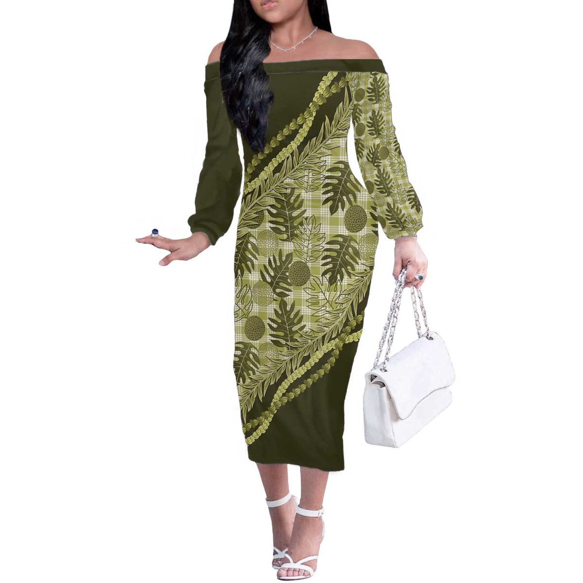 Hawaii Breadfruit Palaka Off The Shoulder Long Sleeve Dress Omaomao Maile Lei LT9 Women Green - Polynesian Pride