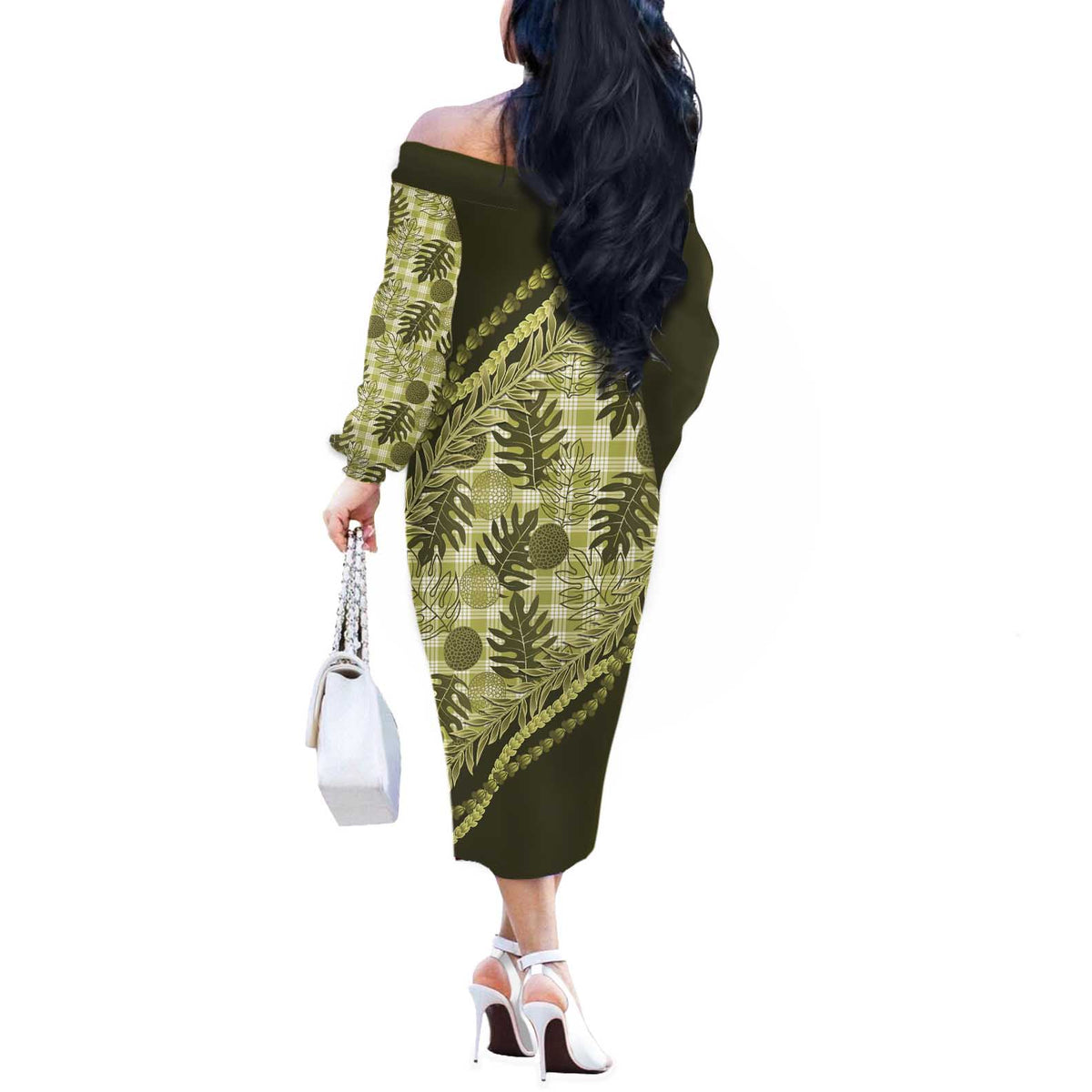 Hawaii Breadfruit Palaka Off The Shoulder Long Sleeve Dress Omaomao Maile Lei LT9 - Polynesian Pride