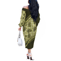 Hawaii Breadfruit Palaka Off The Shoulder Long Sleeve Dress Omaomao Maile Lei LT9 - Polynesian Pride