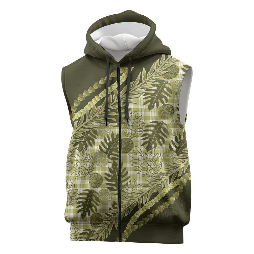 Hawaii Breadfruit Palaka Sleeveless Zip Hoodie Omaomao Maile Lei LT9 Green - Polynesian Pride