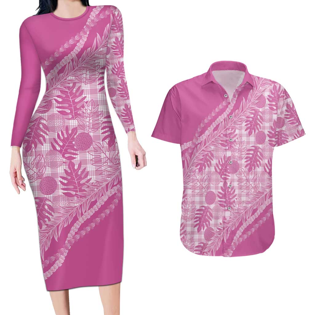 Hawaii Breadfruit Palaka Couples Matching Long Sleeve Bodycon Dress and Hawaiian Shirt Omaomao Ulaula Maile Lei - Polynesian Pride
