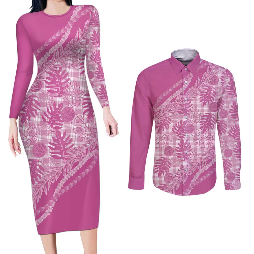 Hawaii Breadfruit Palaka Couples Matching Long Sleeve Bodycon Dress and Long Sleeve Button Shirt Omaomao Ulaula Maile Lei LT9 Pink - Polynesian Pride