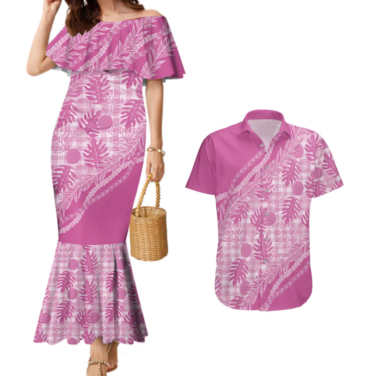 Hawaii Breadfruit Palaka Couples Matching Mermaid Dress and Hawaiian Shirt Omaomao Ulaula Maile Lei LT9 Pink - Polynesian Pride