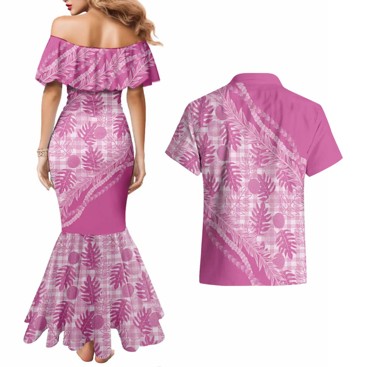 Hawaii Breadfruit Palaka Couples Matching Mermaid Dress and Hawaiian Shirt Omaomao Ulaula Maile Lei LT9 - Polynesian Pride