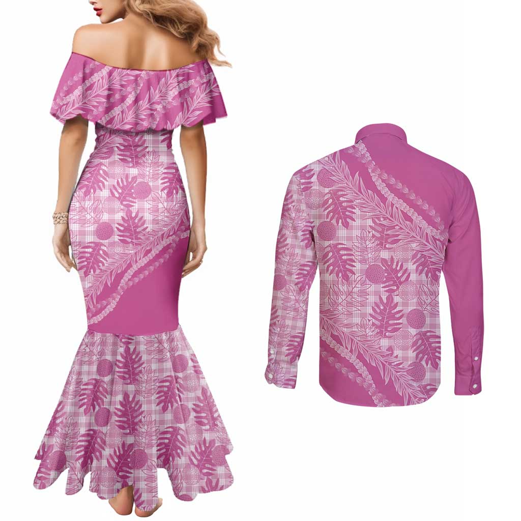 Hawaii Breadfruit Palaka Couples Matching Mermaid Dress and Long Sleeve Button Shirt Omaomao Ulaula Maile Lei - Polynesian Pride