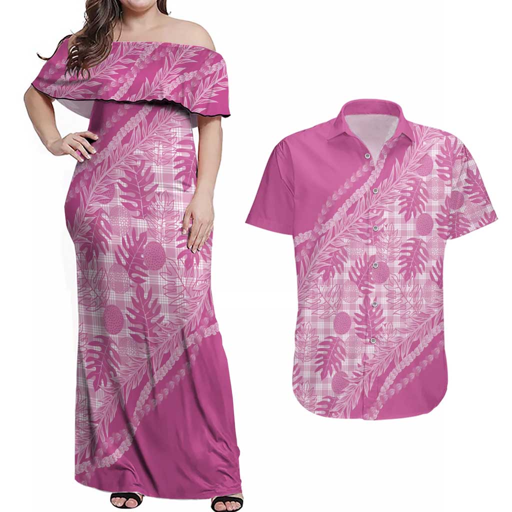 Hawaii Breadfruit Palaka Couples Matching Off Shoulder Maxi Dress and Hawaiian Shirt Omaomao Ulaula Maile Lei - Polynesian Pride