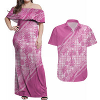 Hawaii Breadfruit Palaka Couples Matching Off Shoulder Maxi Dress and Hawaiian Shirt Omaomao Ulaula Maile Lei - Polynesian Pride