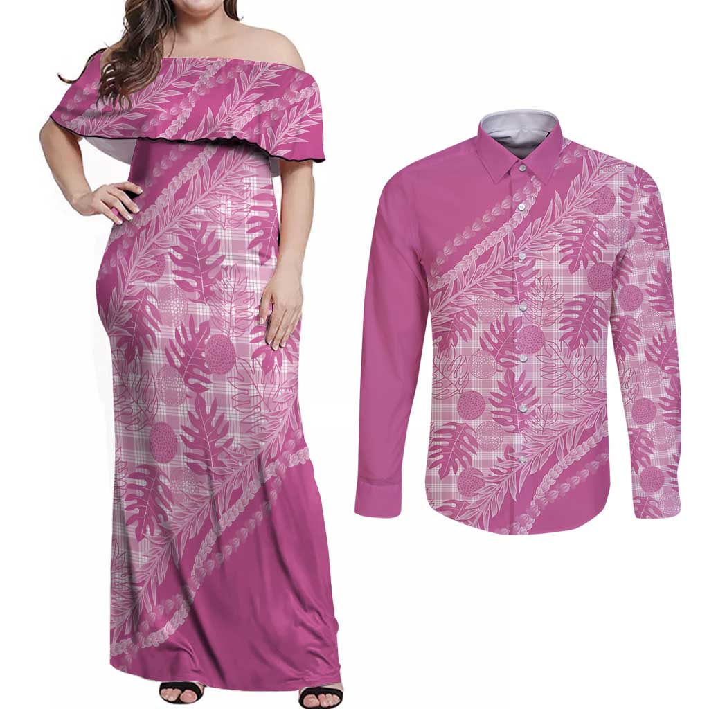 Hawaii Breadfruit Palaka Couples Matching Off Shoulder Maxi Dress and Long Sleeve Button Shirt Omaomao Ulaula Maile Lei LT9 Pink - Polynesian Pride
